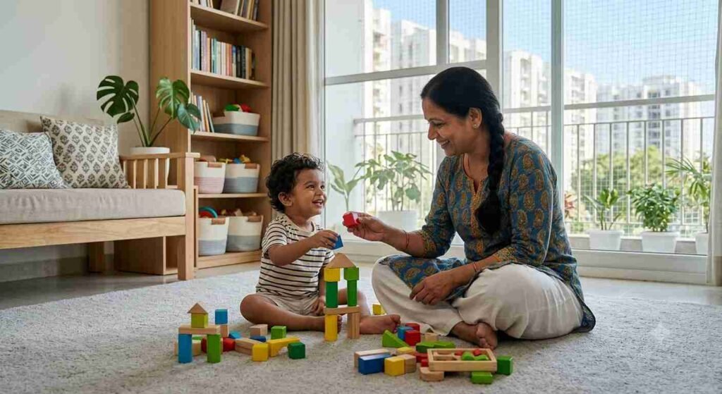 Trained nanny engaging happily with a toddler at home in Greater Noida