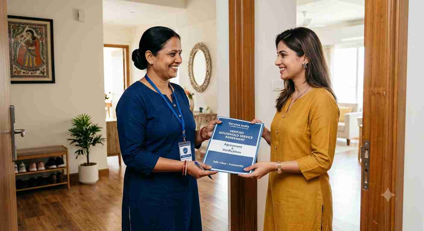 Background verified domestic helper shaking hands with a happy homeowner