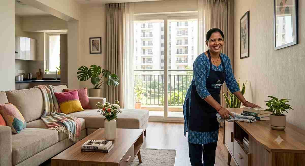 Professional verified maid helping a family with house cleaning in Noida