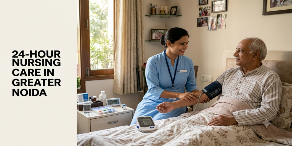 Home nurse smiling with elderly patient in Greater Noida home nursing care