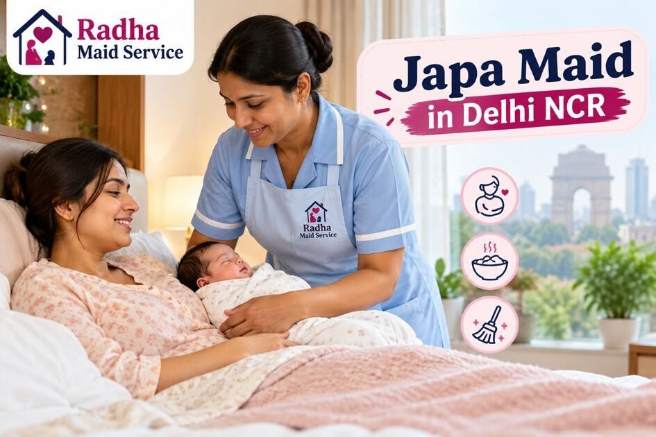 Japa maid from Radha Maid Service caring for a newborn while the mother rests in Delhi NCR