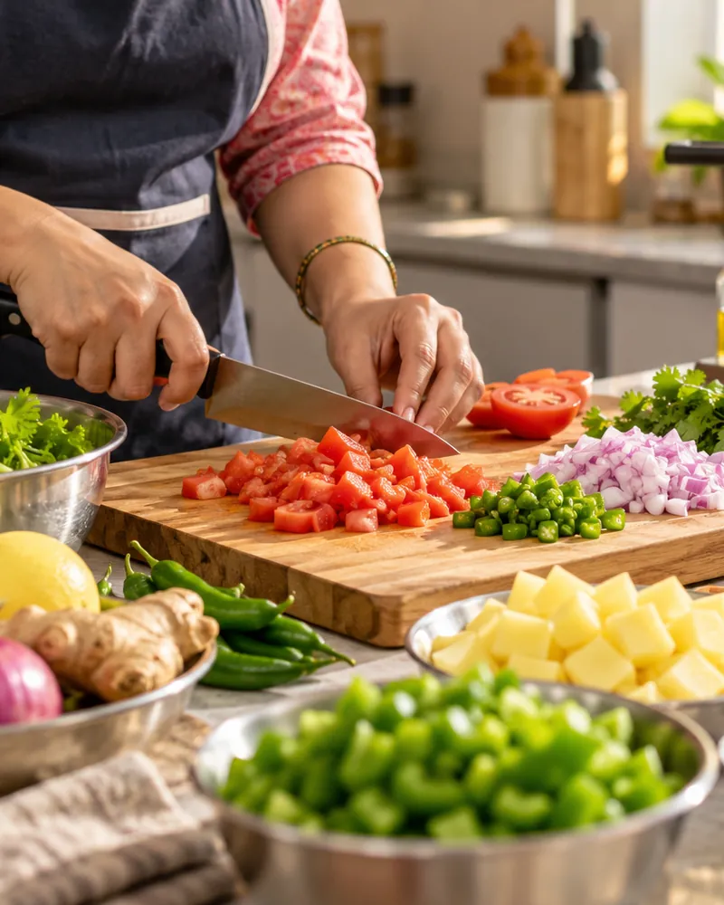 Cook chopping fresh vegetables for home-style Indian meals