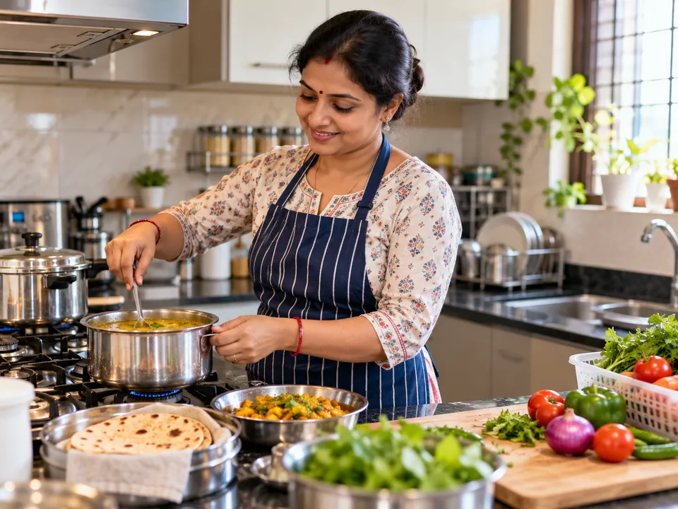 Cook-cum-maid preparing dal and sabzi in a clean home kitchen