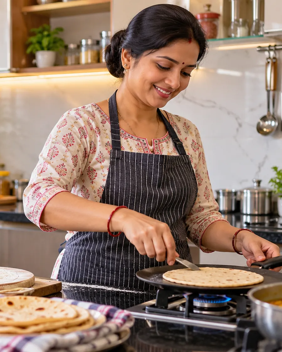 Cook making fresh roti in a home kitchen, cooking maid service in Delhi NCR
