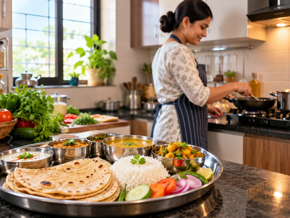 Home cooked Indian thali with roti, rice, dal and sabzi prepared by a cook