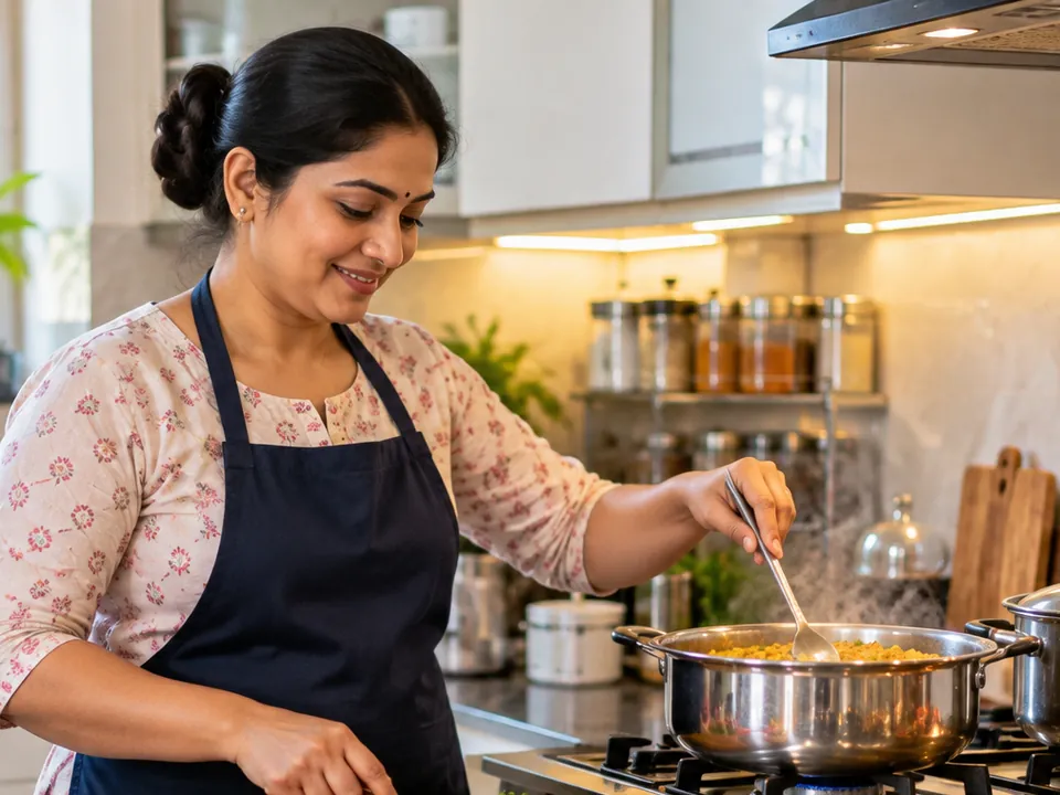Live-in cook cooking dal and chopping vegetables at home
